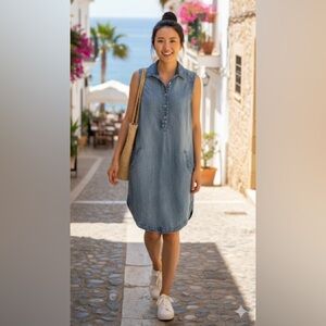 Sleeveless Chambray Shirt Dress - Light Blue
